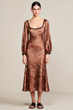 Print Coffee Long Sleeve Satin Wedding Guest Dress