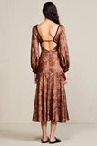Print Coffee Long Sleeve Satin Wedding Guest Dress