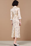 Print Apricot Sheath Midi Wedding Guest Dress