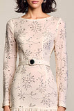 Apricot Floral Long Sleeve A Line Wedding Guest Dress With Belt