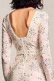 Apricot Floral Long Sleeve A Line Wedding Guest Dress With Belt