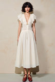 White V Neck Ruffled Sleeve A Line Wedding Guest Dress
