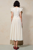White V Neck Ruffled Sleeve A Line Wedding Guest Dress