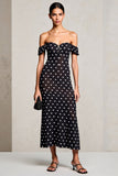 Black Sheath Off The Shoulder Polka Dots Wedding Guest Dress