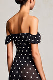 Black Sheath Off The Shoulder Polka Dots Wedding Guest Dress
