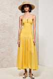 Yellow Strapless Ruched A Line Wedding Guest Dress