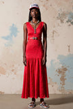 Red A Line V-Neck Wedding Guest Dress with Belt