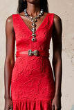 Red A Line V-Neck Wedding Guest Dress with Belt