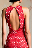 Red Sheath Sleeveless Polka Dot Dress