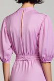 Purple A Line Deep V Neck Wedding Guest Dress with Short Sleeves