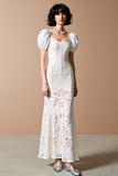 White Sheath Square Neck Lace Wedding Guest Dress