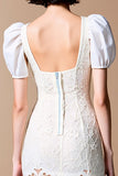 White Sheath Square Neck Lace Wedding Guest Dress