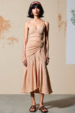 Champagne Spaghetti Straps Ruched Wedding Guest Dress