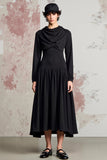 Black A Line Cowl Neck Long Sleeve Wedding Guest Dress