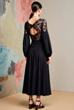 Black A Line Long Sleeve Wedding Guest Dress with Lace