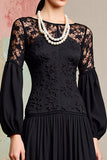 Black A Line Long Sleeve Wedding Guest Dress with Lace