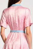Pink Polo Collar Satin Wedding Guest Dress with Belt