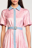 Pink Polo Collar Satin Wedding Guest Dress with Belt