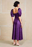 Purple A Line Short Sleeve Wedding Guest Dress