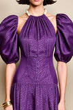 Purple A Line Short Sleeve Wedding Guest Dress