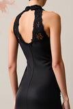 Black Halter Wedding Guest Dress with Lace