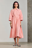 Pink Polo Collar A Line 3/4 Sleeve Wedding Guest Dress