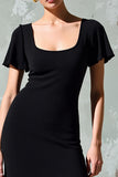 Black Square Neck A Line Wedding Guest Dress