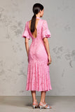 Pink Lace Lapel Ruffled Wedding Guest Dress
