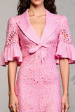 Pink Lace Lapel Ruffled Wedding Guest Dress