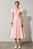 Pink A Line Wedding Guest Dress with Feathers