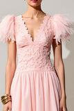 Pink A Line Wedding Guest Dress with Feathers