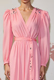 Pink A Line Long Sleeve Wedding Guest Dress with Belt