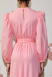 Pink A Line Long Sleeve Wedding Guest Dress with Belt