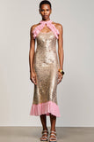 Sparkly Champagne Sheath Long Wedding Guest Dress