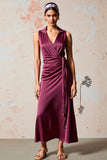 Burgundy Satin Ruched Long Wedding Guest Dress