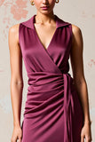 Burgundy Satin Ruched Long Wedding Guest Dress