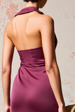 Burgundy Satin Ruched Long Wedding Guest Dress