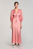 Pink Satin Sheath V-Neck Wedding Guest Dress with Sleeves