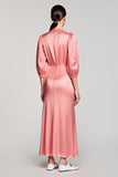 Pink Satin Sheath V-Neck Wedding Guest Dress with Sleeves