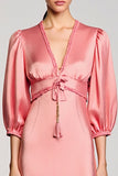 Pink Satin Sheath V-Neck Wedding Guest Dress with Sleeves