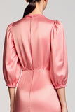 Pink Satin Sheath V-Neck Wedding Guest Dress with Sleeves