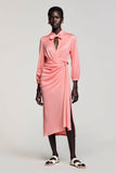 Pink Satin Ruched Wedding Guest Dress with Bow