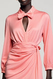Pink Satin Ruched Wedding Guest Dress with Bow