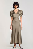 Olive Satin Puff Sleeves Long Wedding Guest Dress