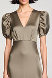 Olive Satin Puff Sleeves Long Wedding Guest Dress
