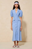Blue Sheath Notched Lapel Wedding Guest Dress with Sleeves