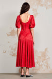 Red Satin Square Neck Long Wedding Guest Dress