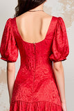 Red Satin Square Neck Long Wedding Guest Dress