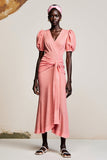 Pink Sheath Ruched Puff Sleeves Long Weddig Guest Dress