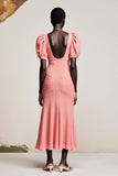 Pink Sheath Ruched Puff Sleeves Long Weddig Guest Dress